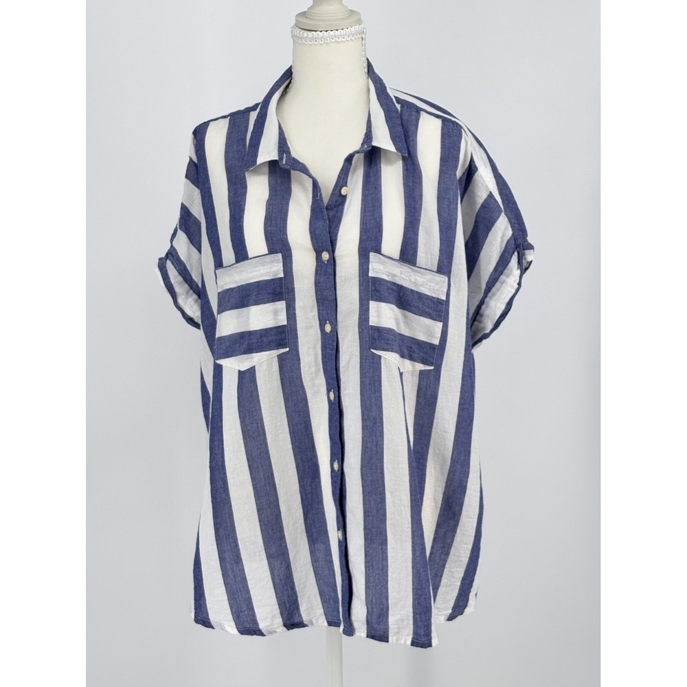 Lucky Brand 2X 100% Cotton Striped Button Front Blouse Tie Back Short Sleeve